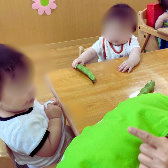 城南ルミナ保育園川崎で初めて食育活動を体験する0歳児