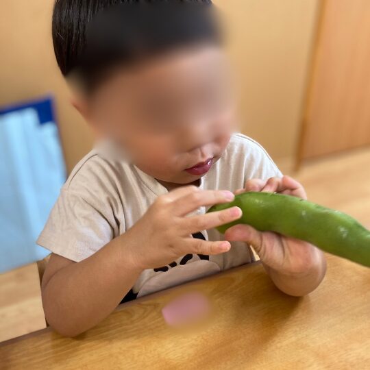 城南ルミナ保育園川崎で食育活動を体験する2歳児