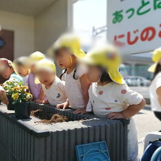 花壇の前に立つ園児