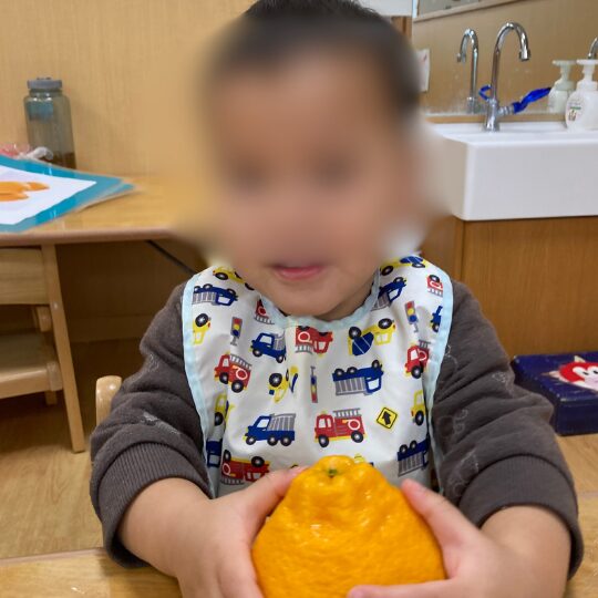 1歳児の1月食育活動(皮むき前のみかんと記念撮影)